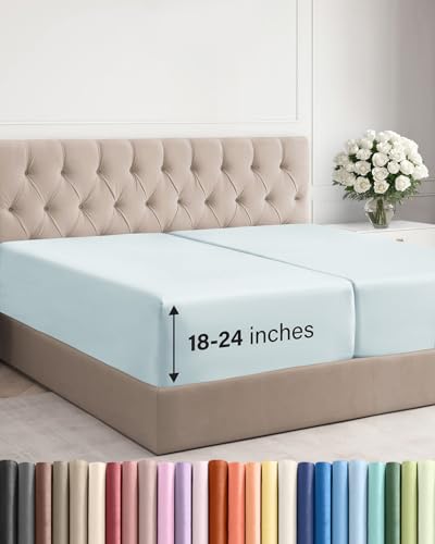 Image of Extra Deep Split King Fitted Sheet - Single Fitted Sheet Only - Ice Blue | Easily Fits 18 inch to 24 inch Mattress, Soft, Wrinkle Free, Breathable & Comfy, Extra Deep Pockets Hotel Luxury Fitted Sheet