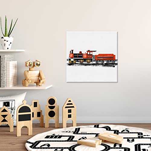 Watercolor Train Canvas Wall Art Transportation Steam Locomotive Painting Print Railroad Canvas Framed Artwork Nursery Wall Decor For Home Bedroom Kids Playroom 12X12 Inch (Red) #TOP2