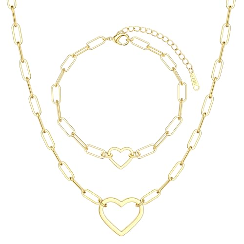 Adramata Herz Halskette Kette Armband Damen Wasserfest Edelstahl Halskette Armband Set Stapeln 18K Vergoldet Halsketten Armbänder Rosegold/Silber/Gold Kette Schmuck Paperclip Armband Halskette Damen