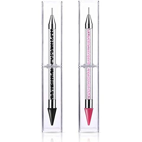 Tovip 2PCS Dual-Ended Nail Rhinestone Picker Wax Tip Pencil Pick Up Applicator Dual Tips Dotting Pen Beads Gems Crystals Studs Picker with Acrylic Handle Manicure Nail Art Tool Cover