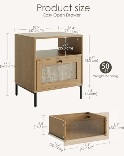 Image of Extra Large Nightstand Rattan Night Stand,Modern Side Table Boho Farmhouse Wood Bedside Table with Storage Drawer and Open Shelf,Large End Side Table for Bedroom,Living Room,Office(Natural)