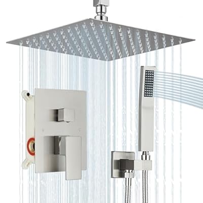 Shower Faucet Set Brushed Nickel Rain Shower System with High Pressure 10 Inches Rain Shower Head and Handheld Spray Bathroom Luxury Rain Mixer Shower Complete Combo Set Ceiling Mounted