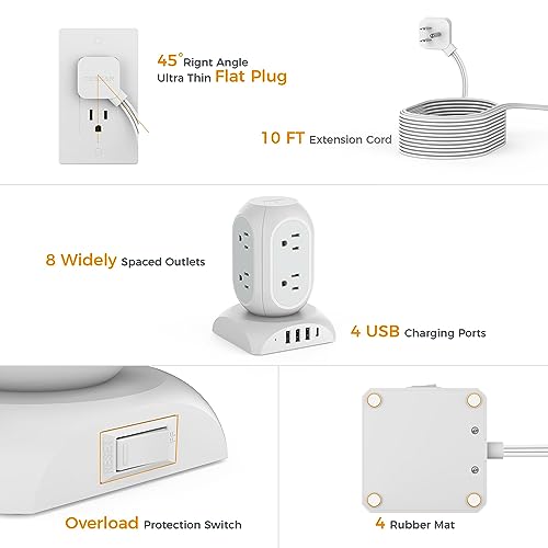 Tower Power Bars with Surge Protector, TESSAN Flat Plug Extension Cord 10 Ft with 8 AC Multiple Outlets and 4 USB Ports (1 USB C), 1050J Power Strip Desk Charging Station for Home  image 4
