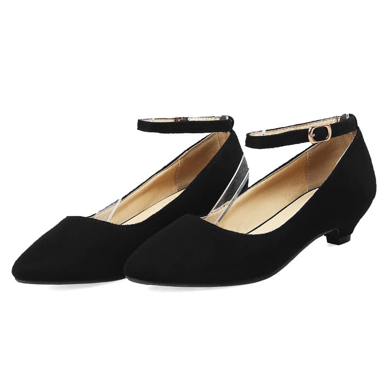 HuangTaiJi Qing Women's Classic Kitten Low Heeled Pumps Slip-on Work Shoes, Soft Faux Suede Buckle Decro Mid Heels for Office