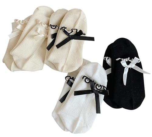 Image of Womens Bow Socks Ruffle Casual Crew Black Whitte Soft Breathable Cotton 4 Pairs Socks