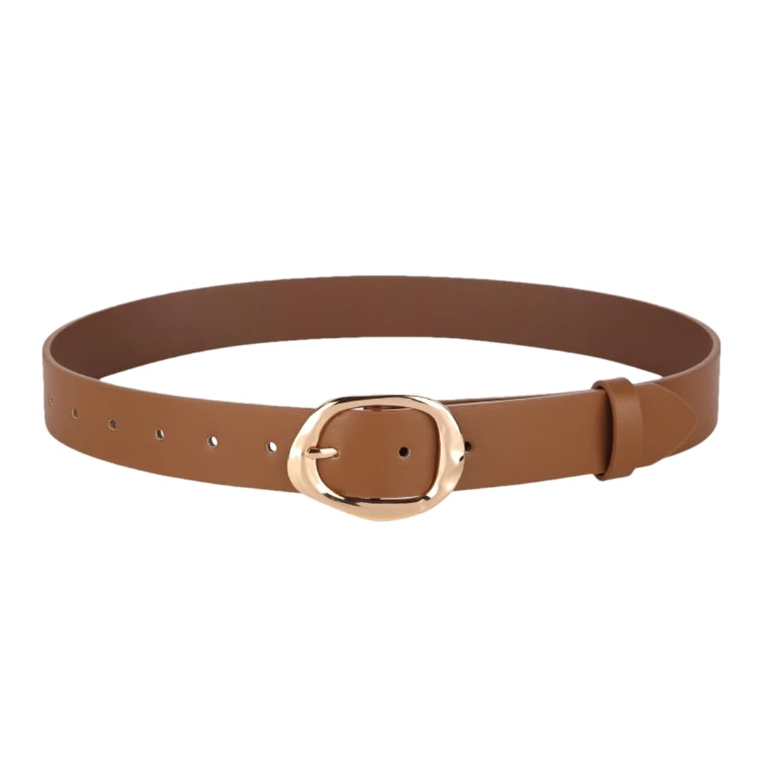 Women’S Casual Faux Leather Belt Liquid Shape Gold Buckle Waist Belt For Pants Dresses And Jeans