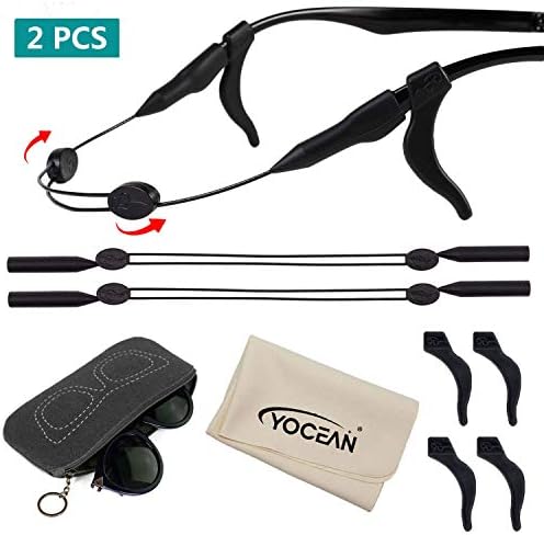 2 Pack Adjustable Eyewear Retainer, YOCEAN No Tail Sport Glasses Strap Eyeglass String Holder Eyewear Lanyard with 4 Anti-slip Glasses Ear Hook, a Glasses Cloth and Glasses Pouch for Men Women
