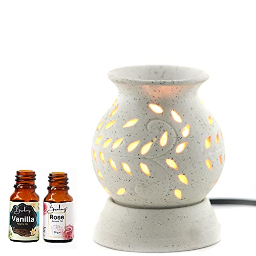Image of BRAHMZ Ceramic Aroma Oil Diffuser Electric Ancient Matki Diffuser with Bulb Aroma Burner Diffuser Matki Shape (White - with 10grams Rose and Vanilla Aroma Oil)