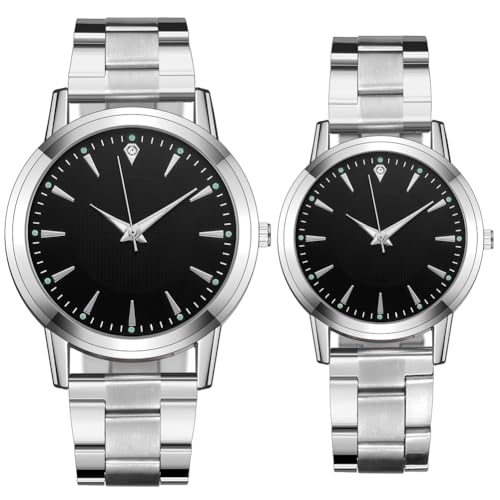 Juego de 2 relojes analógicos de cuarzo para pareja, acero inoxidable, caja de regalo, certificación CE, plata, analógico