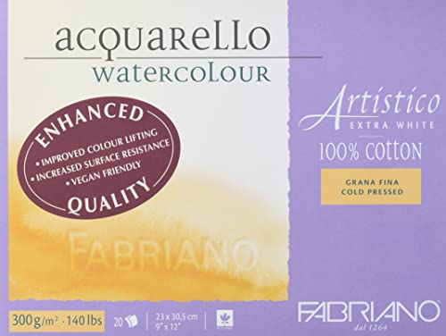 Fabriano Artistico Acquarello, Extra White, Fine Grain, Cold Pressed, 23 X 30.5 Cm, 20 Sheets, 300 G/M², Artists' Watercolour Cardboard, Pad Glued On 4 Sides, 23 X 30,5 Cm #TOP29