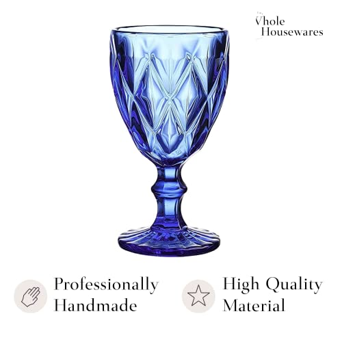 Whole Housewares | Goblet Glass Drinkware Set | Vintage Drinking Cups | 9.5Oz Water Goblets Glasses | Set Of 6 Colored Glassware For Kitchen | For Wedding Or Parties | Cobalt Blue Diamond Pattern #TOP1