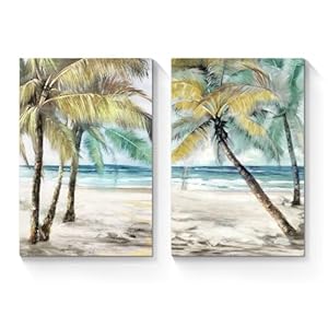 Coastal Beach Canvas Wall Art: Palm Trees Picture Tropical Ocean Scene Artwork Abstract Seascape Painting Prints for Modern Living Room Bathroom Bedroom