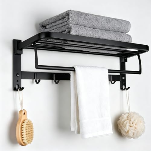 24" Double Towel Rack, 304 Stainless Steel Towel Bar with 7 Hooks, 90° Foldable Towel Holder, Moisture - Proof, Easy to Clean, Ideal for Bathrooms, Showers.(Matte Black) by MEKENSO - Used condition - CA$60.71