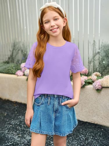 Image of Haloumoning Girls Lace Short Sleeve T Shirts Kids Summer Crewneck Tunic Tops Curved Hem 5-14 Years