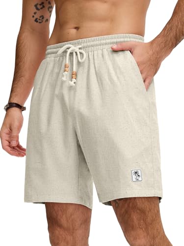 JEMLDL Mens Beige Linen Shorts Elastic Waist Drawstring Cotton Linen 7 Inch Casual Summer Beach Vacation Shorts Medium — view 2