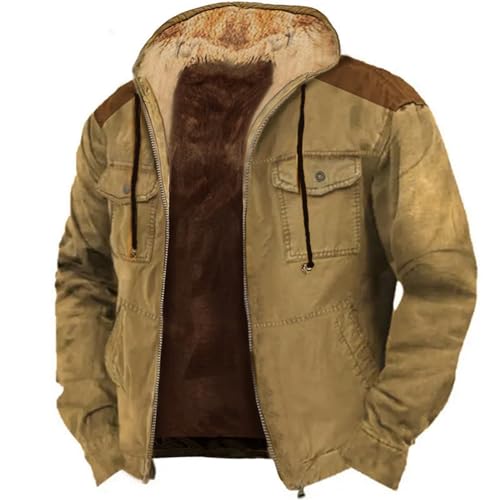 Mens Military Jacket Warm Fleece Lined Drawstring Hooded Coat Full Zipped Button Pockets Insulated Outerwear