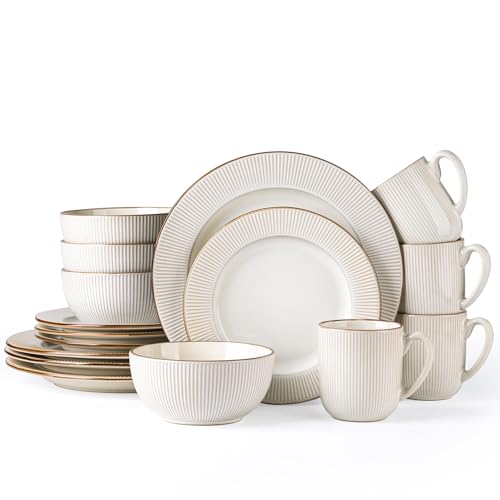 Image of GBHOME Ceramic Dinnerware Sets,16 pcs Embossed Elegant Stoneware Plates and Bowls Sets, Housewarming Wedding Gift | Dishwasher & Microwave Safe | Dishes Set Service for 4