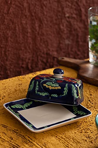Image of HS HINDUSTANI SAUDAGAR Pushp Vatika Ceramic butterdish Handmade Container with Tray & lid Microwave & Dishwasher Safe Serve Ware for Hotel Cafe Restaurant Home Festival Ideal for Daily use & Gifting.