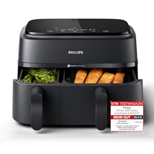Philips Airfryer Dual Basket 3000 Series, 9L, 2 Körbe, 2 Gerichte gleichzeitig fertig, RapidAir Plus Heißlufttechnologie, 90% weniger Fett, Energieeffizient, HomeID Rezepte-App (NA350/00), Schwarz