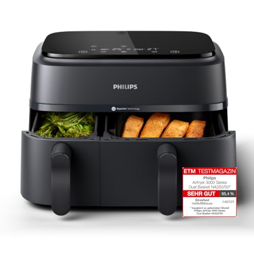 Philips Airfryer Dual Basket 3000 Series, 9L, 2 Körbe, 2 Gerichte gleichzeitig fertig, RapidAir Plus Heißlufttechnologie, 90{34642d96bd505e694295fd84ca922b95c14e918544c38ce844f54fe4c1bd7f4c} weniger Fett, Energieeffizient, HomeID Rezepte-App (NA350/00) Philips Airfryer Dual Basket 3000 Series, 9L, 2 Körbe, 2 Gerichte gleichzeitig fertig, RapidAir Plus Heißlufttechnologie, 90{34642d96bd505e694295fd84ca922b95c14e918544c38ce844f54fe4c1bd7f4c} weniger Fett, Energieeffizient, HomeID Rezepte-App (NA350/00)