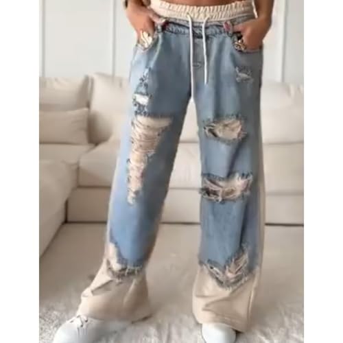 Women's Denim Trousers with Stitching and Ripped Design, Casual Vintage Baggy Elastic Waist Wide Leg Denim Pants3