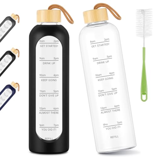 AOOWU Trinkflasche 1l, Trinkflasche Sport mit Zeitmarkierungen, Water Bottle mit Bruchsicher Silikonhülle und Bürste, Auslaufsichere Sportflasche & BPA-Frei für Fitness, Camping, Schule und Büro