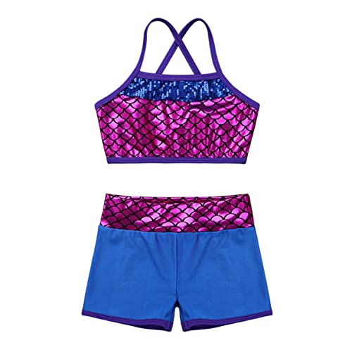Image of Agoky Kids Girls 2PCS Sports Outfits Ballet Gym Sequins Mermaid Tank Top Shorts Set Tankini Swimwear Gymnastics Tracksuit