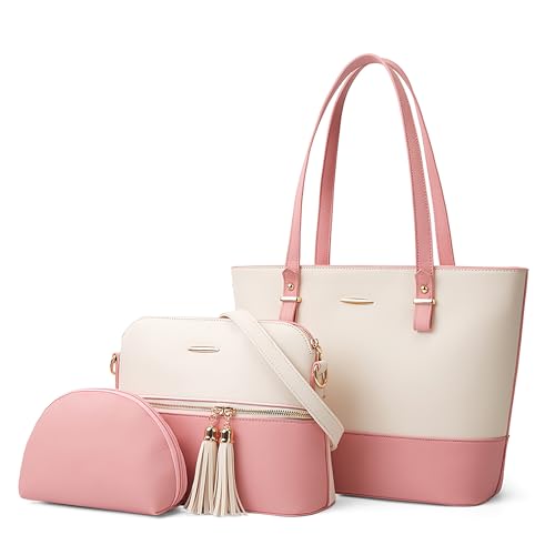 Moda 3 Pezzi Set Borse Donna Tote Borsa a Tracolla Borsetta Elegante PU Pelle a Mano per Viaggio Shopping Lavoro Vacanza Casuale Satchel Messenger Bianco con Rosa