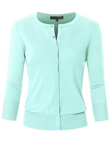 Image of Women's 3 /4 Sleeve Crew Neck Button Down Stretch Knit Cardigan Sweater (S-3XL)