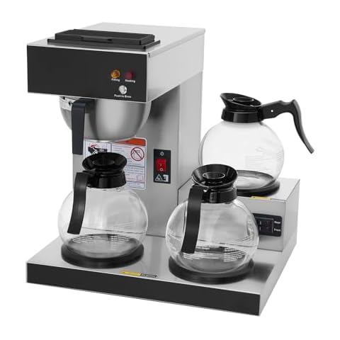SYBO 12-Cup Commercial Coffee Maker, Pour Over Drip Coffee Maker Brewer with 3 Lower Warmers and 3 Glass Decanters, Stainless Steel Cafetera Cover