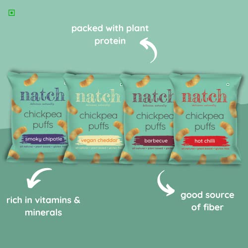 Image of Natch Chickpea Protein Puffs - Variety Pack, Vegan Cheddar, Barbecue, Smokey Chipotle, Hot Chilli, Healthy Snacks , Rich in Fiber, Not Fried Not Baked Gluten Free, Vegan, Trans Fat Free, 20 gm Each (Pack of 12)