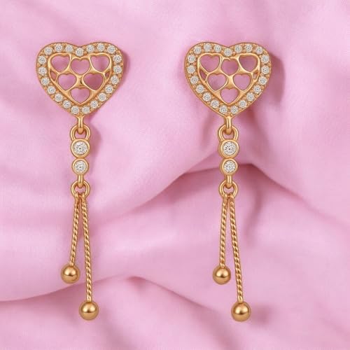 Image of Nilus Collection Rose Gold Plated Heart Design Dangling Earrings with American Diamond Stones For Women And Girls | Gift For Her | Rose gold wedding gift |Romantic gift for women
