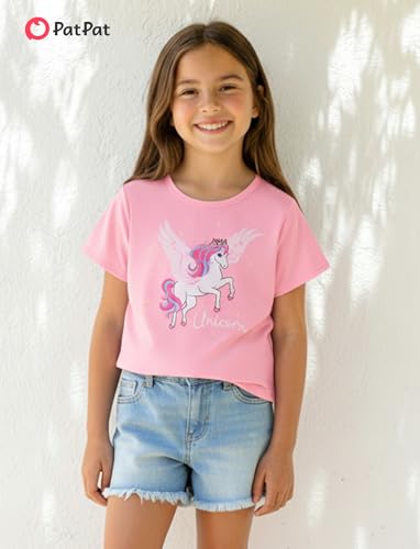 Image of PATPAT Girls Crewneck Short Sleeve Graphic Tees Animal Print Shirts Cute Summer Outfits 5-12 Years