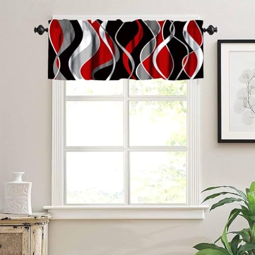 Image of Red Black Gray Modern Geometric Kitchen Valance Curtain, Abstract Striped Minimalist Retro Geometry Window Treatment Valances for Kitchen Living Room Cafe Decor 54'x18', 1 Panel