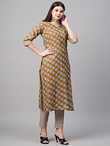 Image of GoSriKi Women's Cotton Blend Printed Straight Kurta With Pant