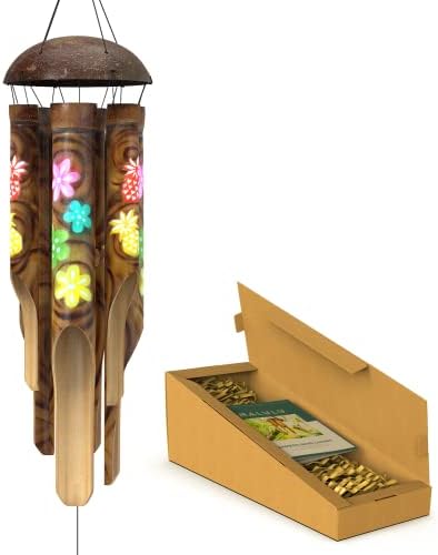 Nalulu Piney Bamboo Wind Chimes - Outdoor Wood Wooden Windchimes, Tropical Design with Coconut Crown, Handcrafted with Calming Deep Tones, Ideal Home Decor or Gift for Any Occasion