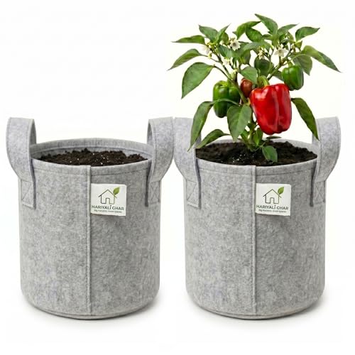 Image of 400 GSM Geo Fabric Round Grow Bags 9x9 Inch with Handle, Grey Planting Bags for Terrace and Kitchen Gardening Pack of 2