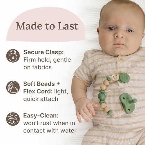 Image of Silicone Pacifier Clip - Metal-Free, Rust-Free, 100% Food-Grade Silicone and Natural Beech Wood, Secure Pacifier Holder - Olive - Mila & Lulu