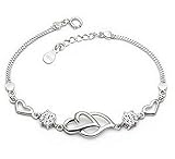 Live Future 925 Long Sterling Silver Necklace Hearts are Linked Together Hand Catenary for Women Girls (Silvery)