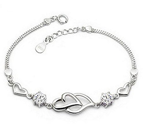 Live Future 925 Long Sterling Silver Necklace Hearts are Linked Together Hand Catenary for Women Girls (Silvery)