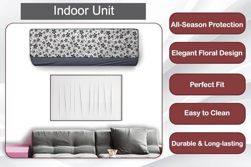 Image of The Furnishing Tree Split AC cover for indoor and outdoor unit of 2 ton waterproof and dustproof Grey and Black Floral pattern