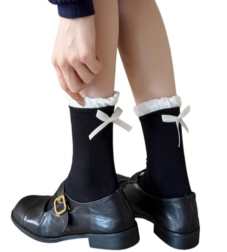 Image of Women's Bow Crew Socks - Cotton Sweet Lolita Dress Breathable Soft Girls' Socks - 3 Pairs