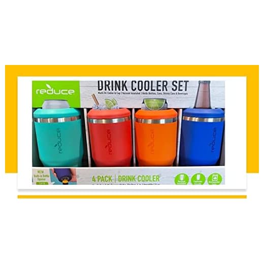 REDUCE 14 oz. Vacuum Insulated Stainless Steel Drink Cooler, 4 Pack Built-in Bottle Opener whit Non-Slip Base 4-in-1 Versatility Colors: Aqua-Red-Orange-Blue (ART1614168)
