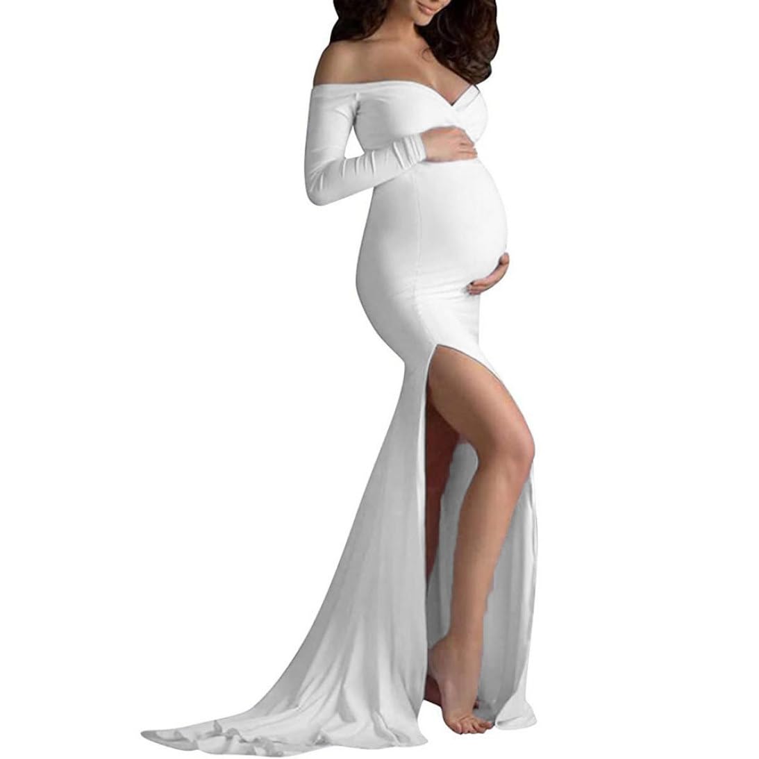 Robe de maternité à épaules dénudées, Robe Longue Fendue pour Femmes Enceintes, Blanc M, de Photographie pour Femmes