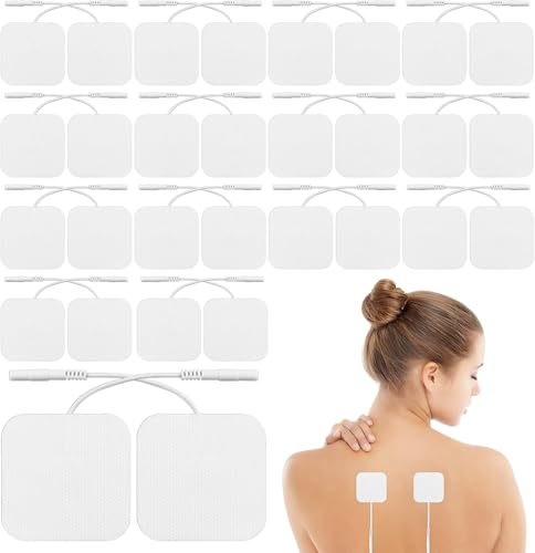32 Piezas Electrodos Autoadhesivos, 5 x 5 cm Almohadilla de Electrodos Parches Electroestimulador Reutilizables y Autoadhesivos con Conector de 2 mm Parches Electroestimulador Compatibles TENS y EMS