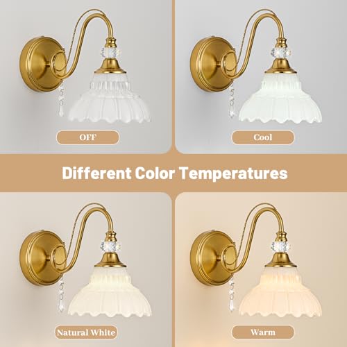 Image of 1 Piece Vintage Wall Sconce, 1-Light Brushed Gold Finish Wall Sconce with Hanging Crystal Accents and Flower-Shaped White Shades for Bathroom Bedroom Living Room,Vintage Vanity Light