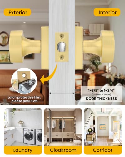 Image of Goldenwarm Brushed Gold Door Knobs Passage, Closet Door Knob Zinc Alloy, Contemporary Gold Interior Door Knobs for Hallway, 3 Pack
