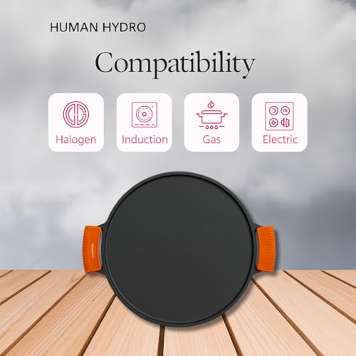 Image of Human Hydro 12-Inch Cast Iron Dosa Tawa | Double Handle with Silicone Grips & Wooden Spatula | Pre-Seasoned, Flat Base, Induction & Gas Compatible | Chemical-Free Cookware