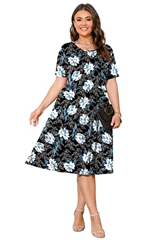 Image of POSESHE Womens Plus Size Summer Dress 2026 Casual Short Sleeve Empire Waist Loose Fit Swing T-Shirt Dress with Pockets