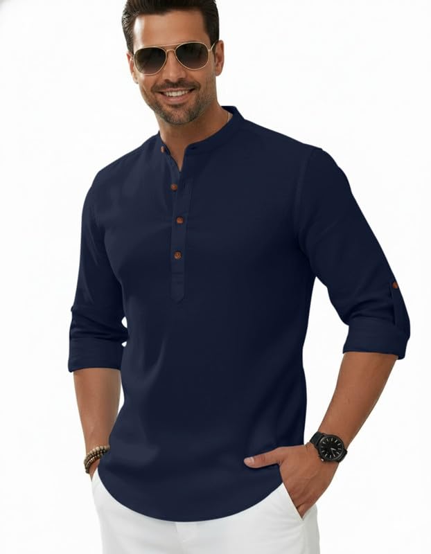 Image of Macsivo Men's Cotton Blend Solid Short Kurta with Regular Lenth Mandarin Neck Full Sleeves and roll-up tab| Kurta Style Shirt for Men